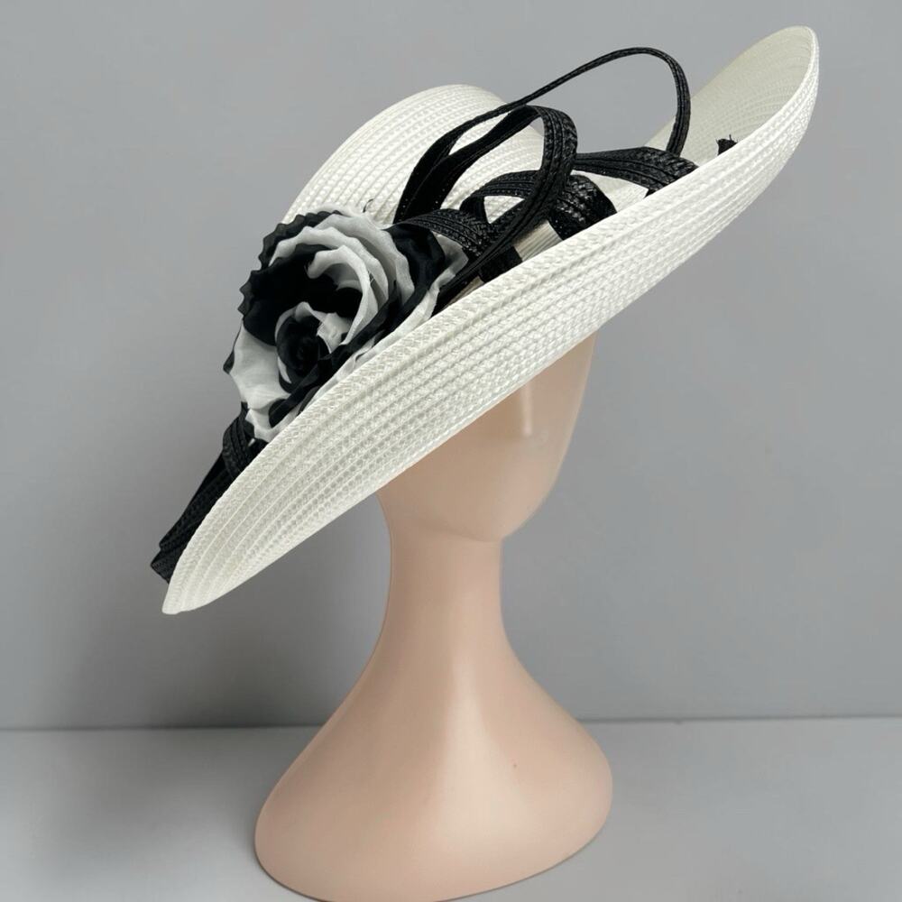 Y2K Giovannio Ivory Wide Brim Derby Hat Black White Flower Wedding Hat